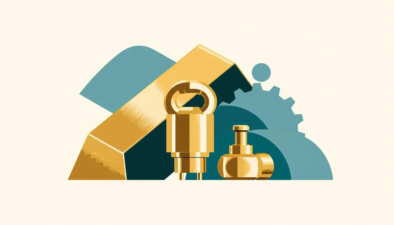 Brass ingot, gear, and valve fitting grouped together illustrating the alloy's raw and crafted forms
