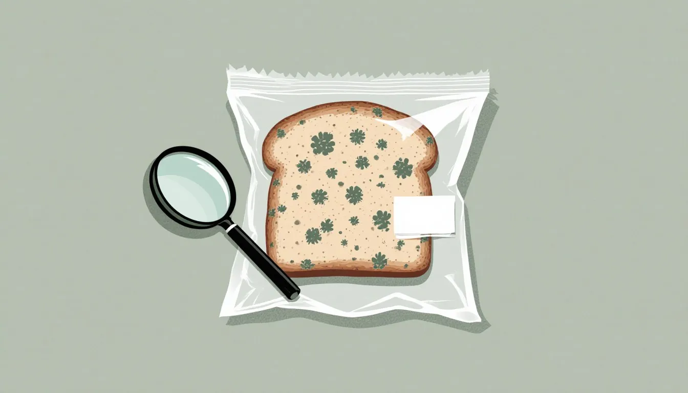 A bagged slice of bread speckled with mold beside a magnifying glass, illustrating a bread mold science experiment