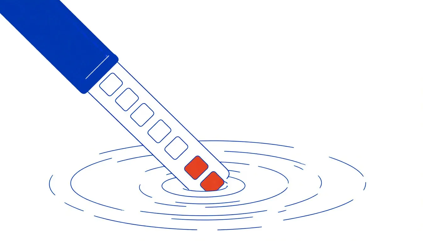 A bromine test strip with colored indicator pads dipping into rippling pool water