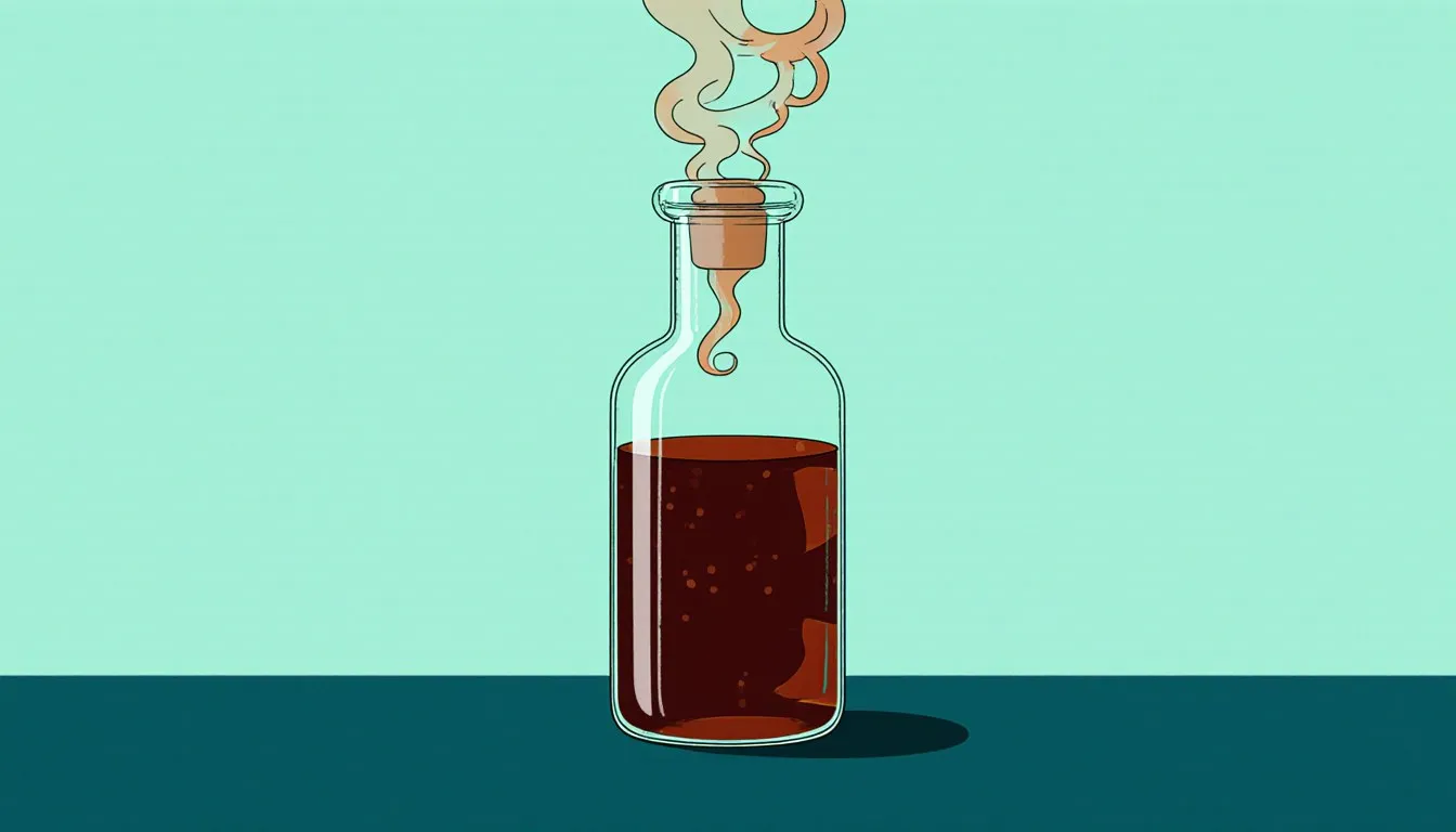 A sealed glass vial of dark reddish-brown liquid bromine with vapor curling above it, representing the element's industrial