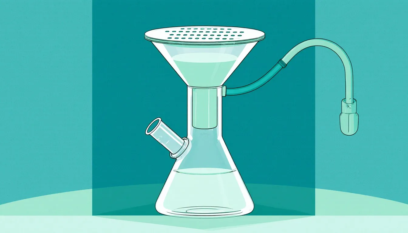 A Büchner funnel seated in a conical filter flask connected to vacuum tubing