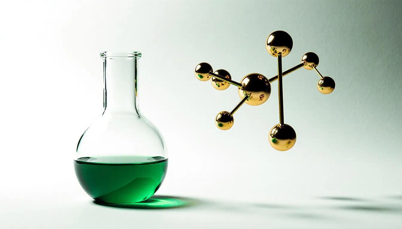 A glass flask of clear liquid beside a ball-and-stick molecular model representing butyl acetate