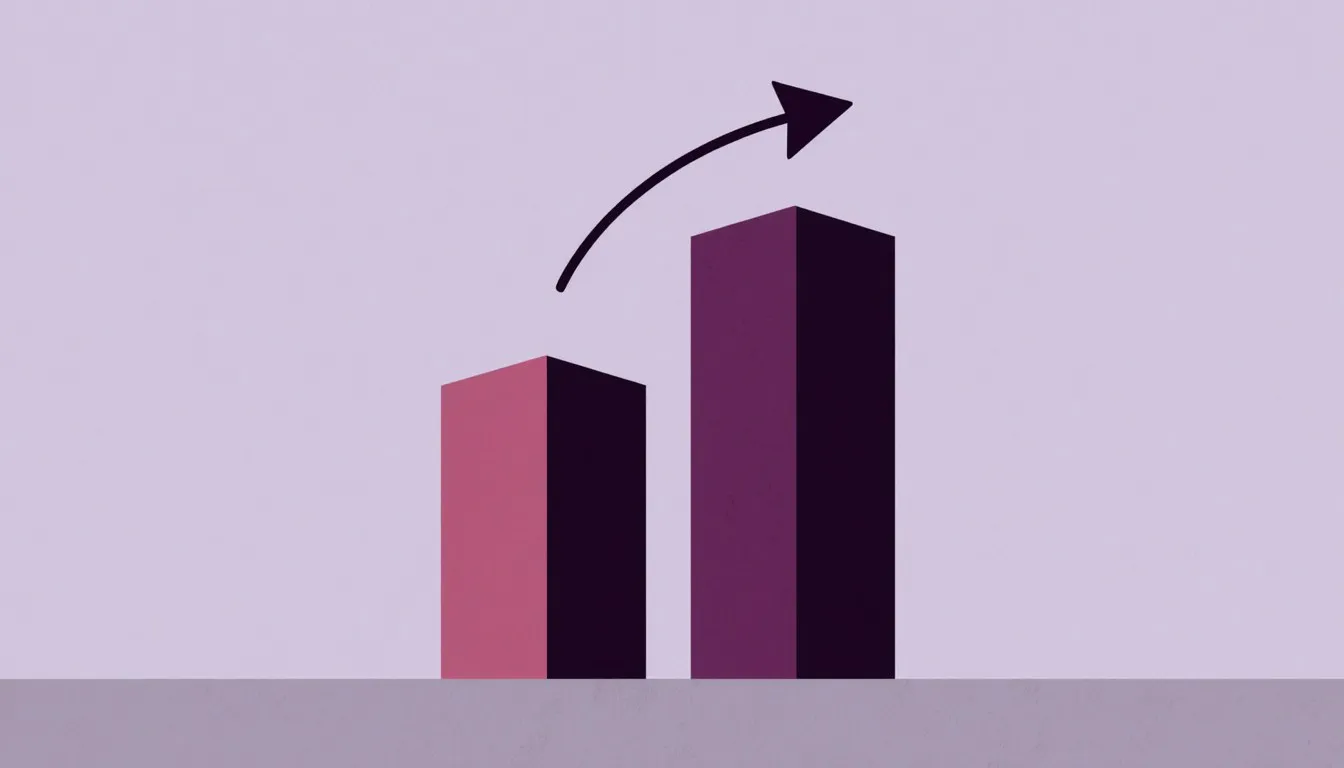 Two bar-chart columns of different heights linked by a rising arrow, representing percent change
