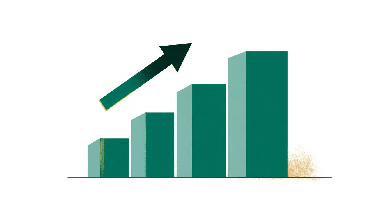 Rising bar chart with an upward arrow illustrating the concept of percentage increase