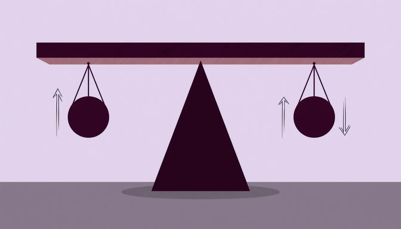 A beam balanced level on a fulcrum with equal weights hanging from each end, illustrating static equilibrium
