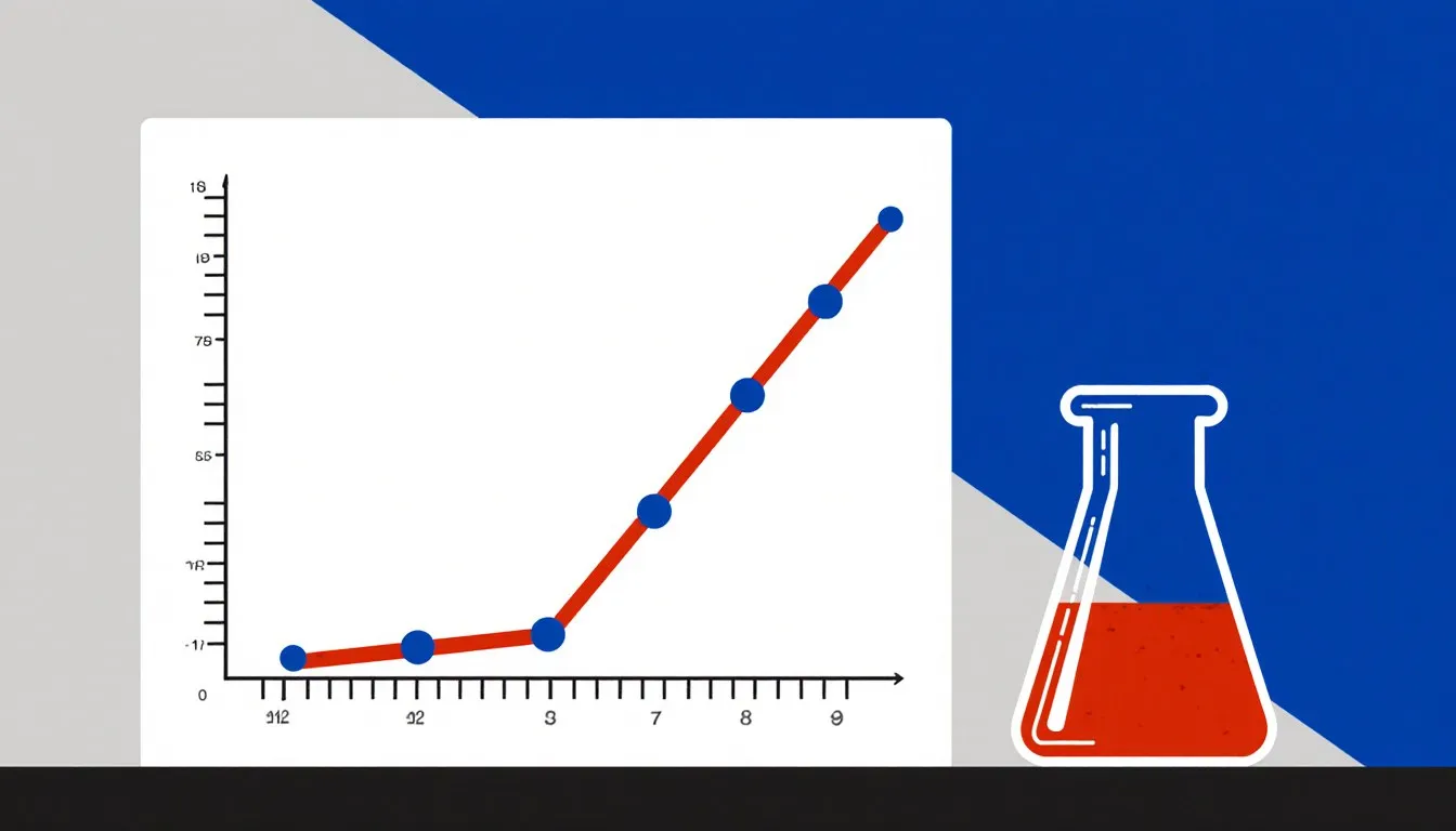 A rising line graph of plotted points beside a beaker of tinted liquid, illustrating a chemistry calibration curve