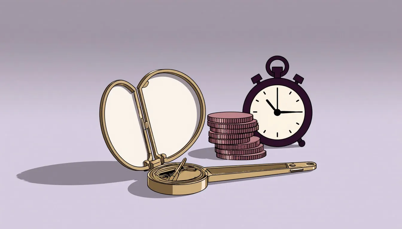 Illustration of drafting dividers, a stack of coins and a stopwatch on a lavender ground