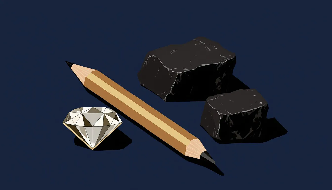 A pencil, a cut diamond, and a chunk of charcoal grouped together, illustrating carbon's many everyday forms