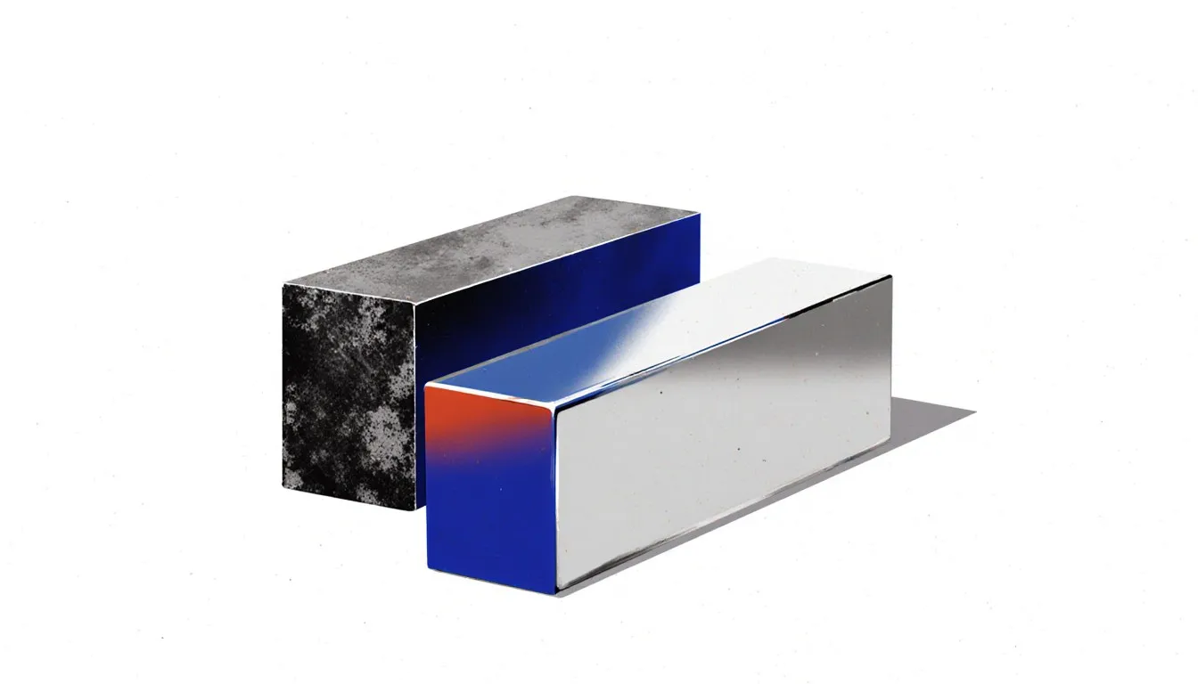Two steel bars side by side, one dark and matte, the other bright and polished, contrasting carbon and stainless steel.