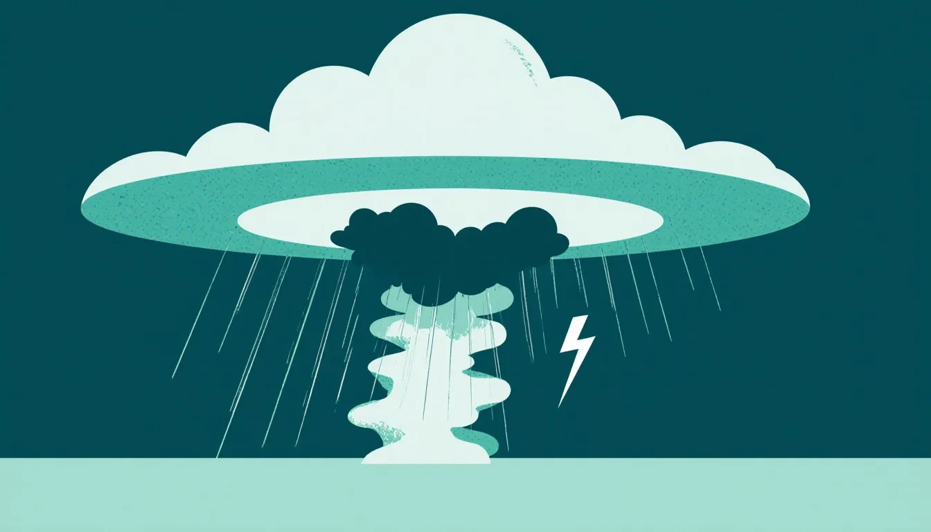 Illustration of a towering supercell thunderstorm cloud with a lightning bolt striking down through a curtain of rain