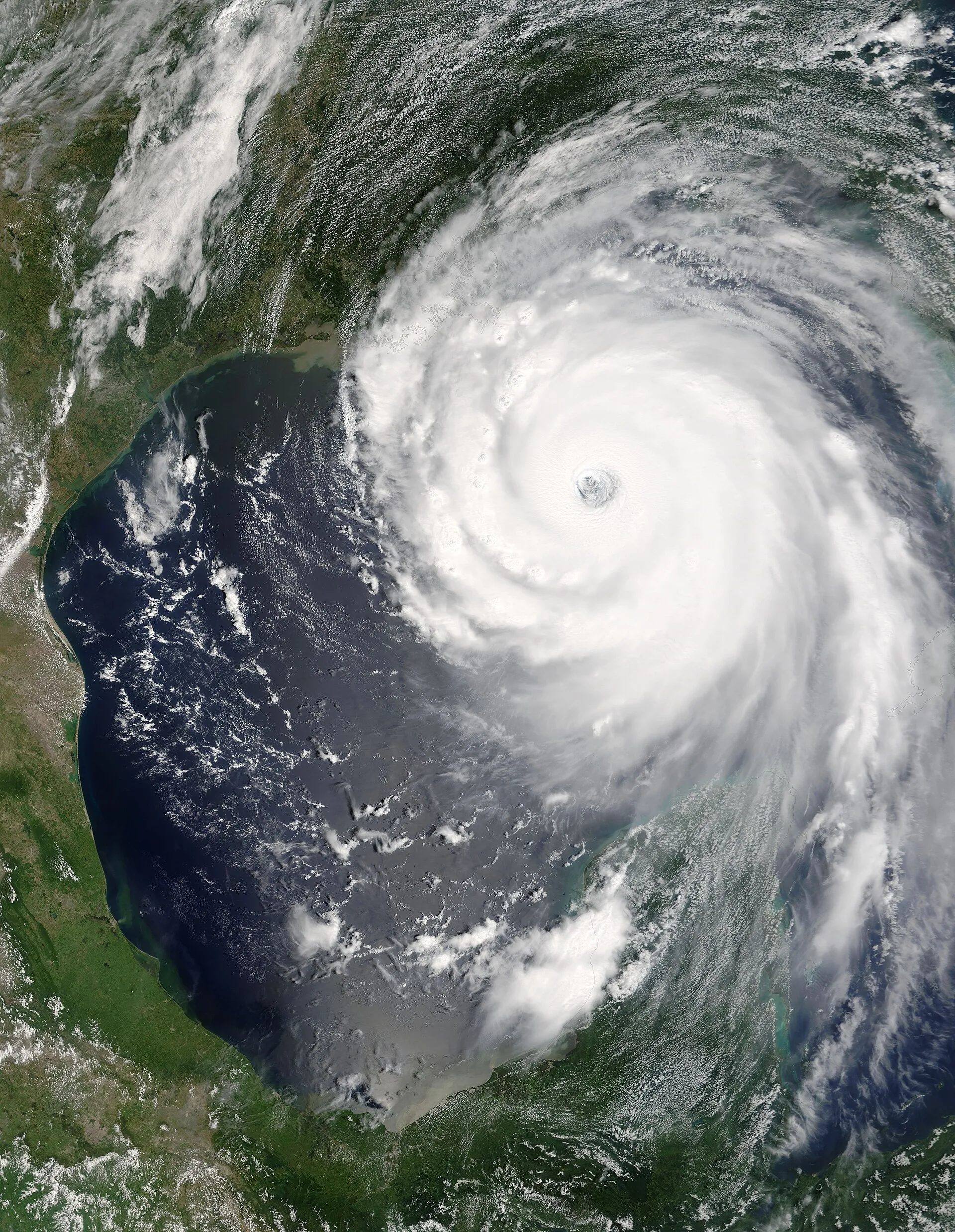Satellite view of Hurricane Katrina spiraling over the Gulf of Mexico