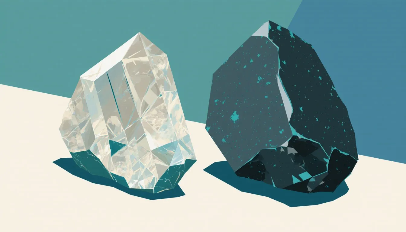 Two igneous rock specimens: one pale with large crystals, one dark and fine-grained, side by side.