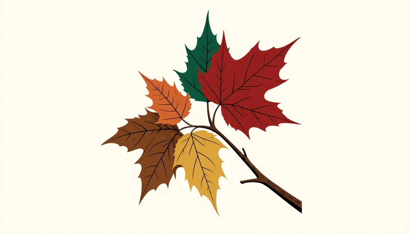 Illustration of a branch with autumn leaves in deep red, orange, and yellow