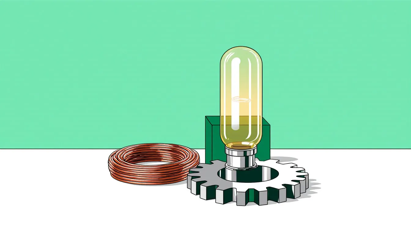 A coiled copper wire, a glowing glass tube, and a steel gear arranged as a small still life of working elements