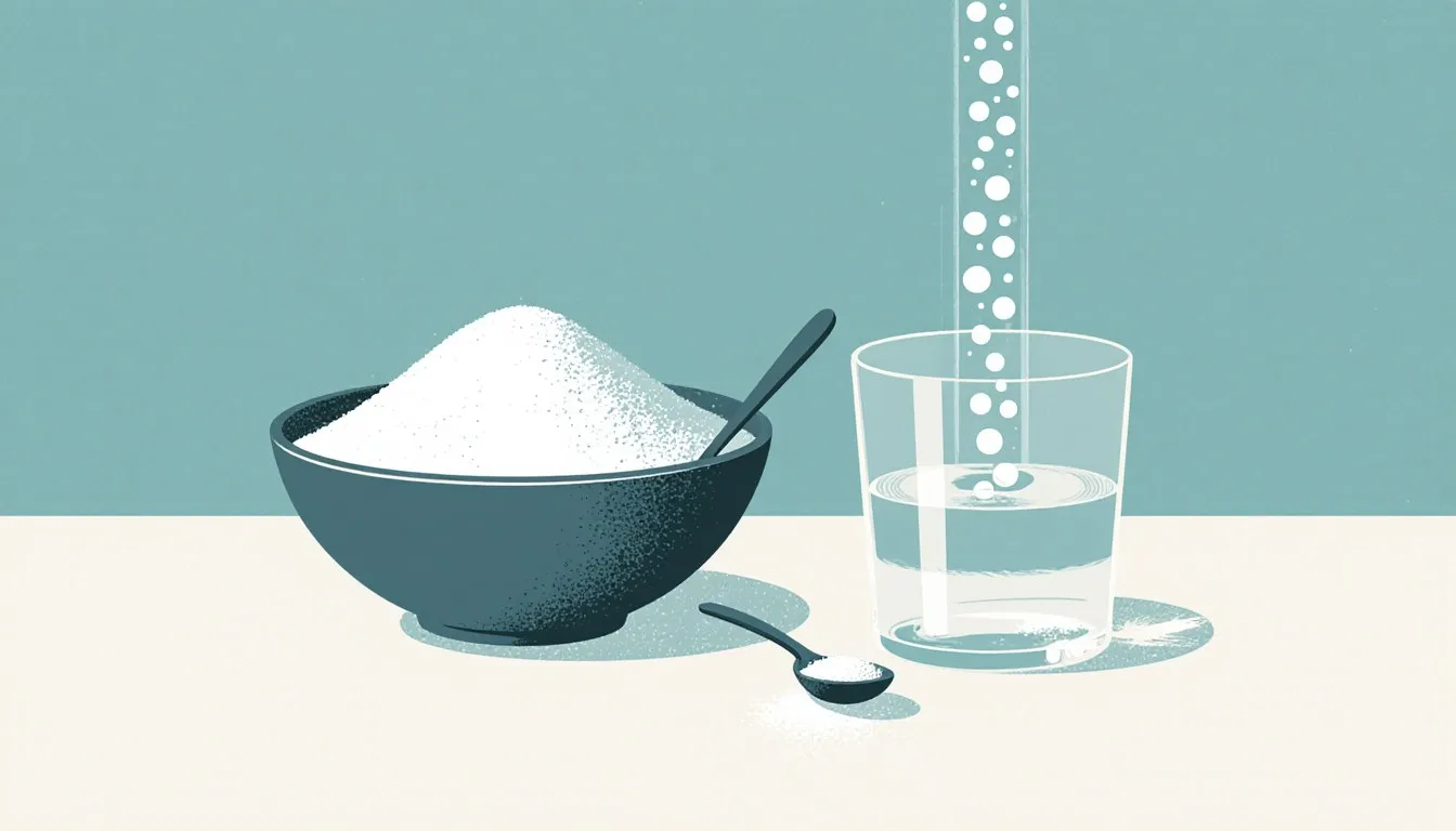 A bowl of baking soda powder beside a glass of water where a spoonful fizzes and dissolves