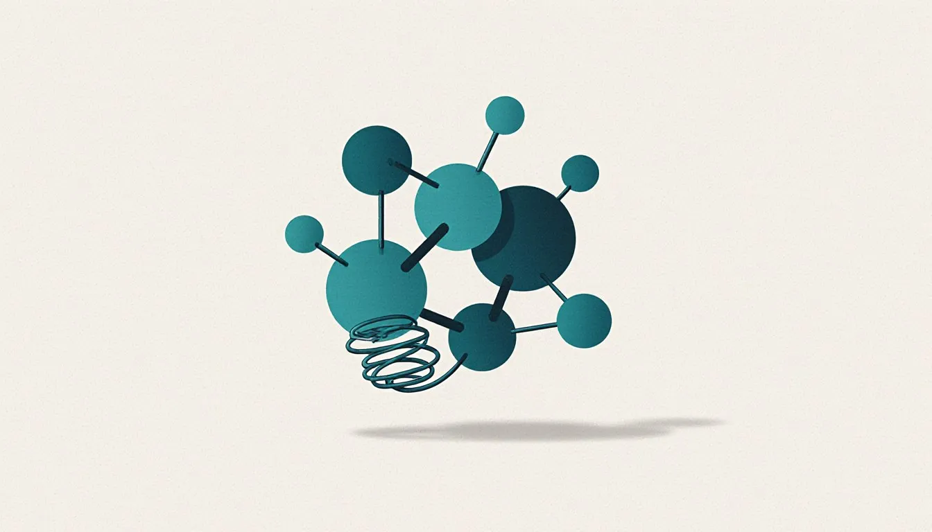 A molecule illustration with atoms linked by bonds, one bond coiled like a spring to show stored chemical energy