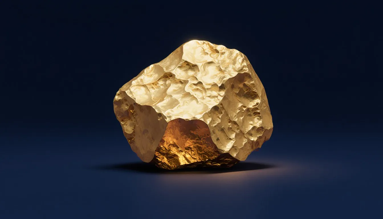 A large raw gold nugget with an irregular, lustrous surface, illustrating the chemical properties of gold.