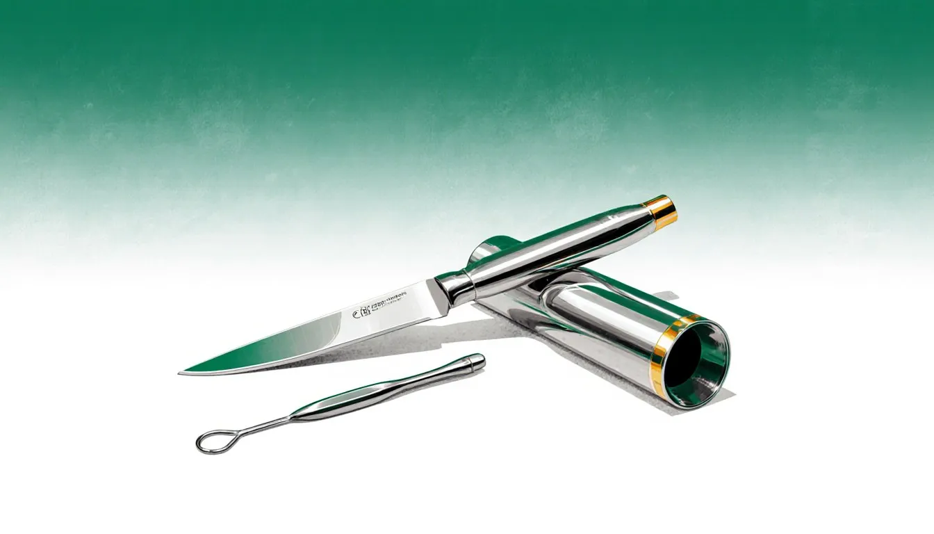 Illustration of a chef's knife, surgical scalpel, and pipe fitting, all in polished stainless steel