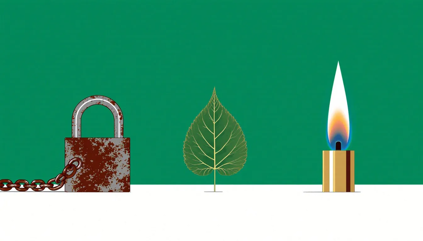 A rusted iron chain, a leaf, and a small flame, representing rusting, photosynthesis, and burning