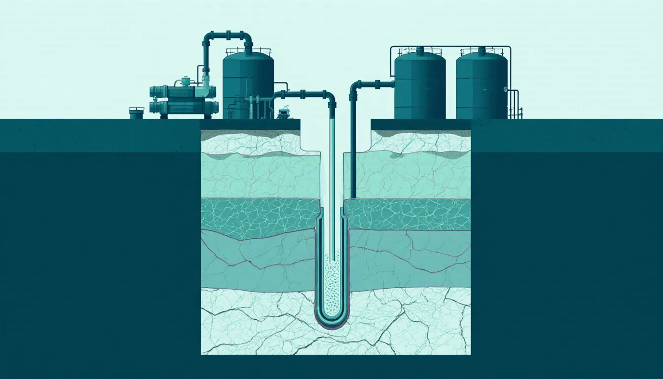 Cross-section illustration of a fracking wellhead pumping fluid underground to fracture layered shale rock