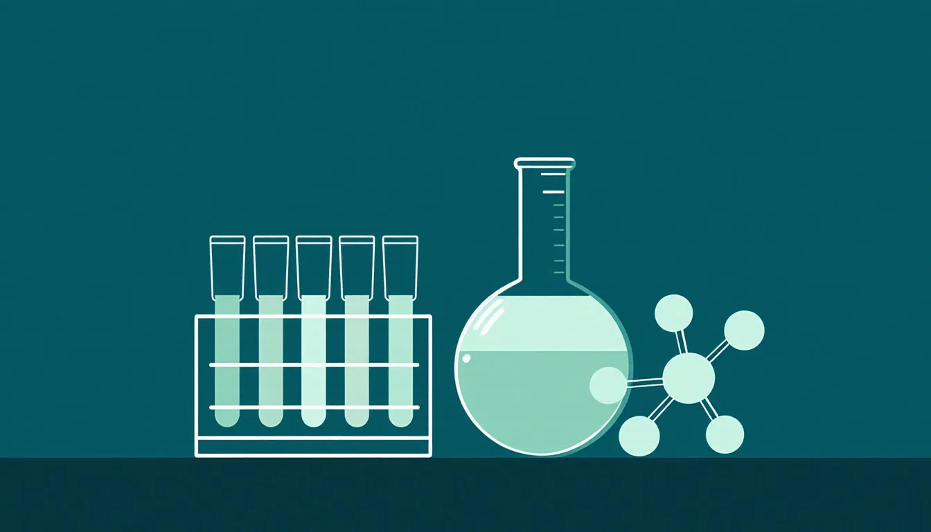 Illustration of a chemistry flask, test tubes, and a ball-and-stick molecule model arranged together
