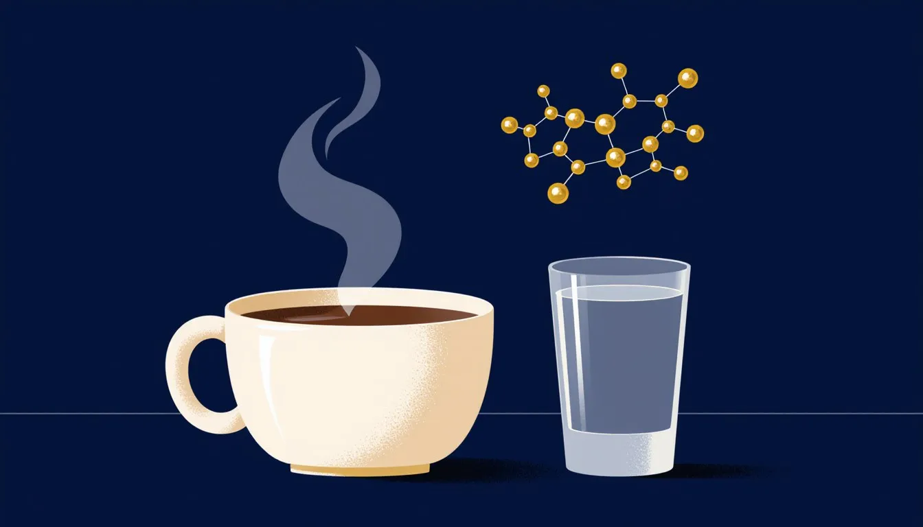 A coffee cup and glass of water beside a simple molecular diagram, symbolizing chemistry in everyday life