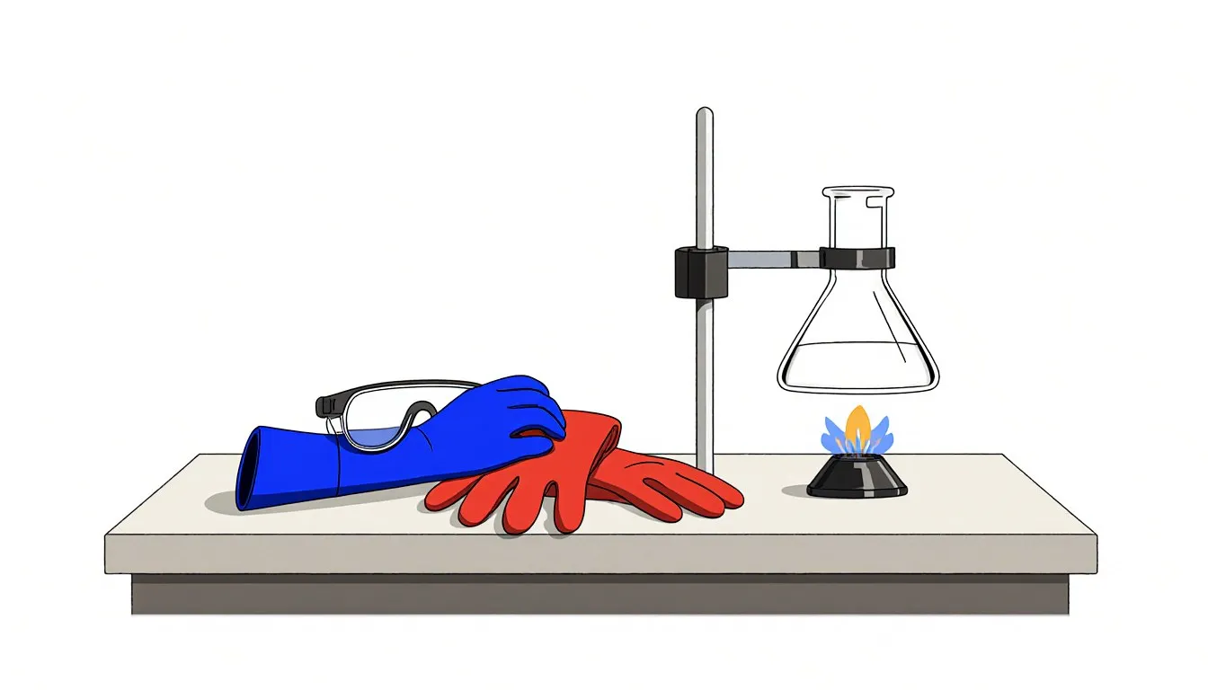Safety goggles, rubber gloves, and a beaker clamped over a flame, representing chemistry lab safety practices