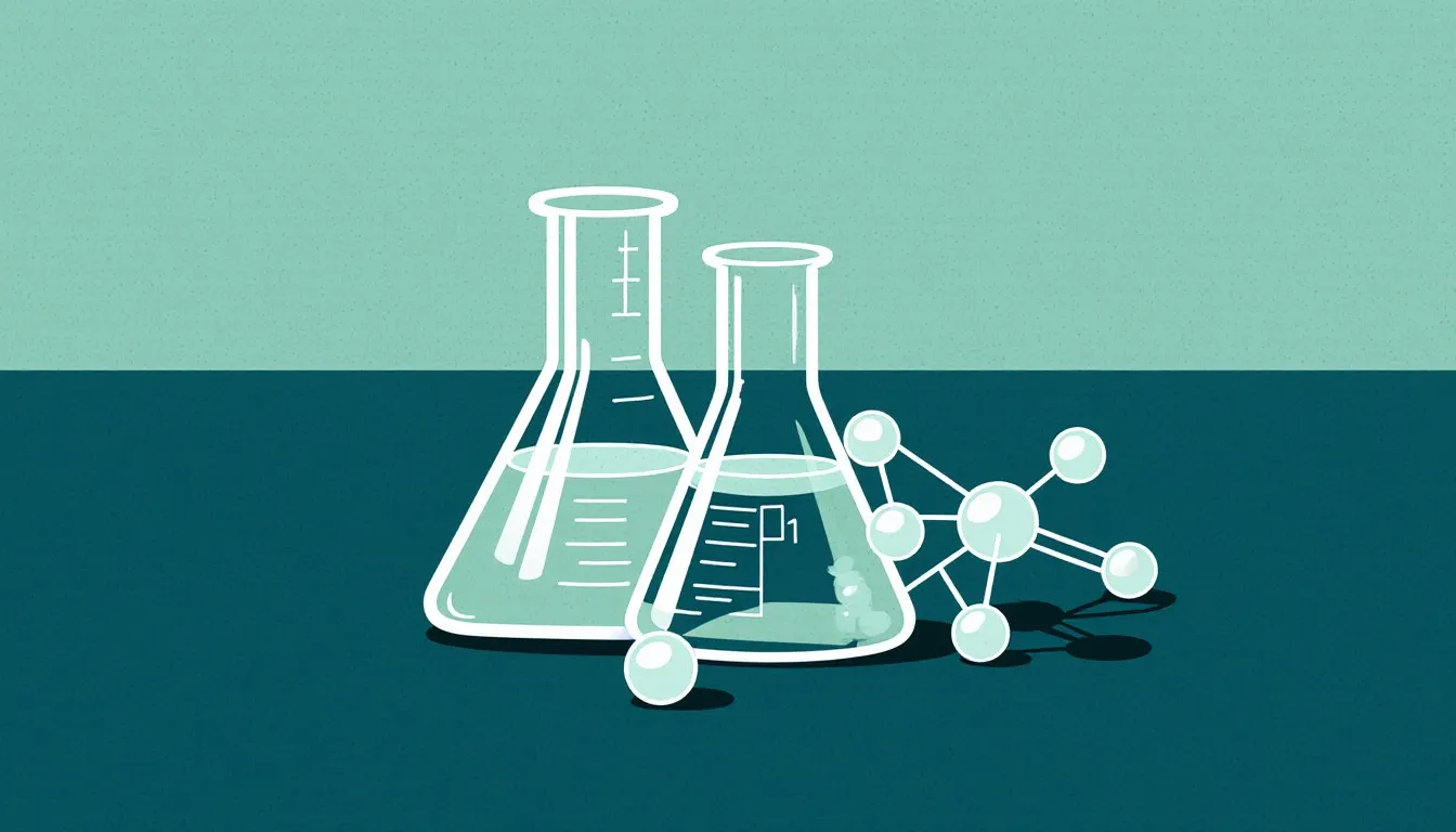 Illustration of a beaker, flask, and molecular model arranged together as chemistry reference objects