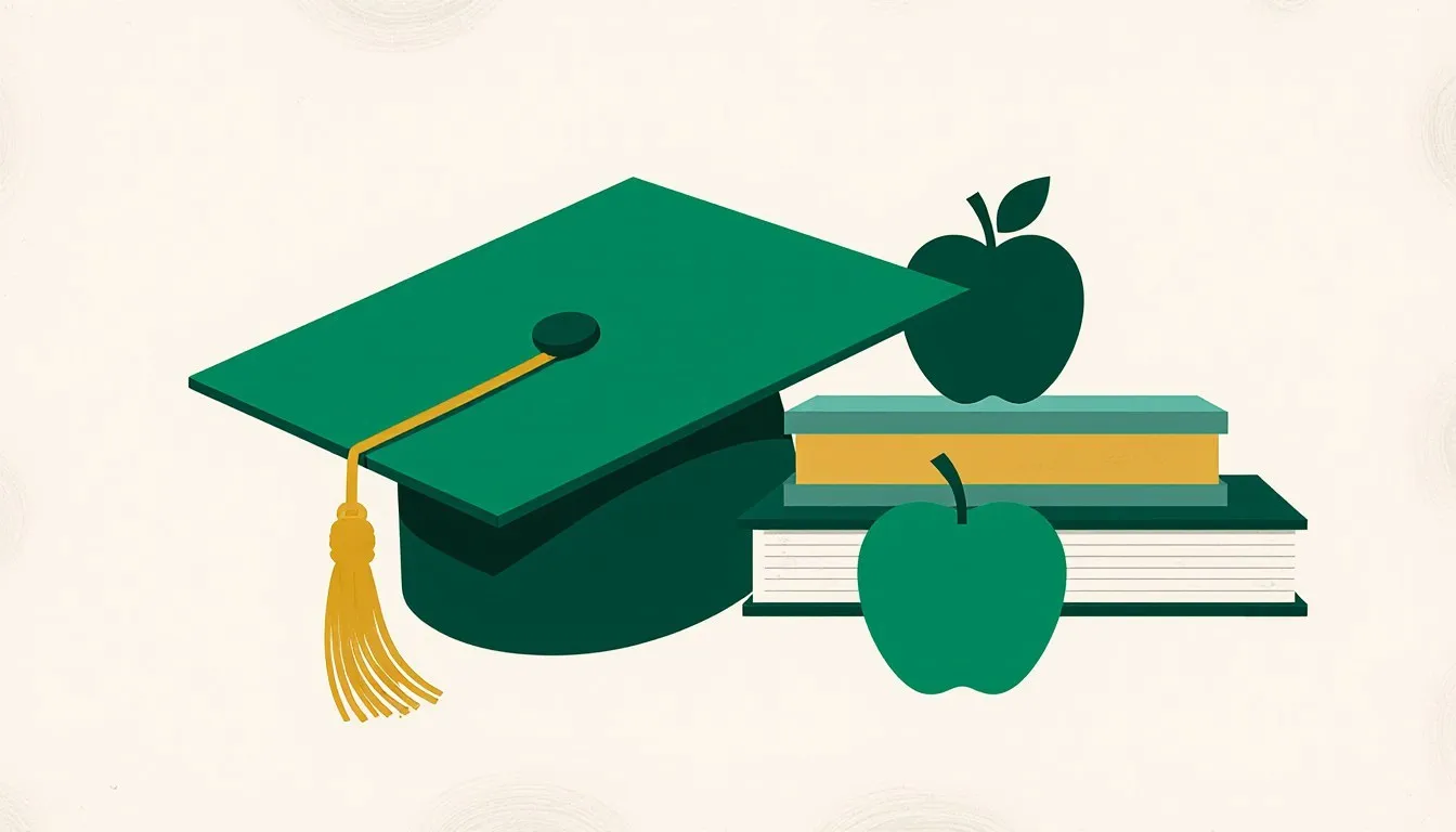 Illustration of a green graduation cap, stacked books and apples