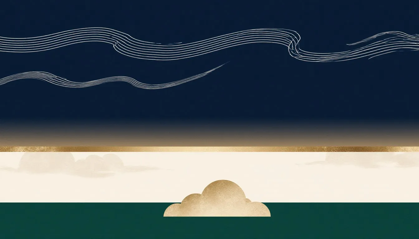 Three cloud forms over a green horizon: wispy streaks high in a deep blue sky, a flat pale sheet across the middle, and a rounded heap sitting low