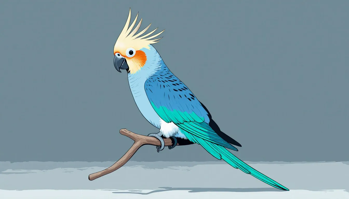 A cockatiel with its crest raised, perched and displaying alert body language.