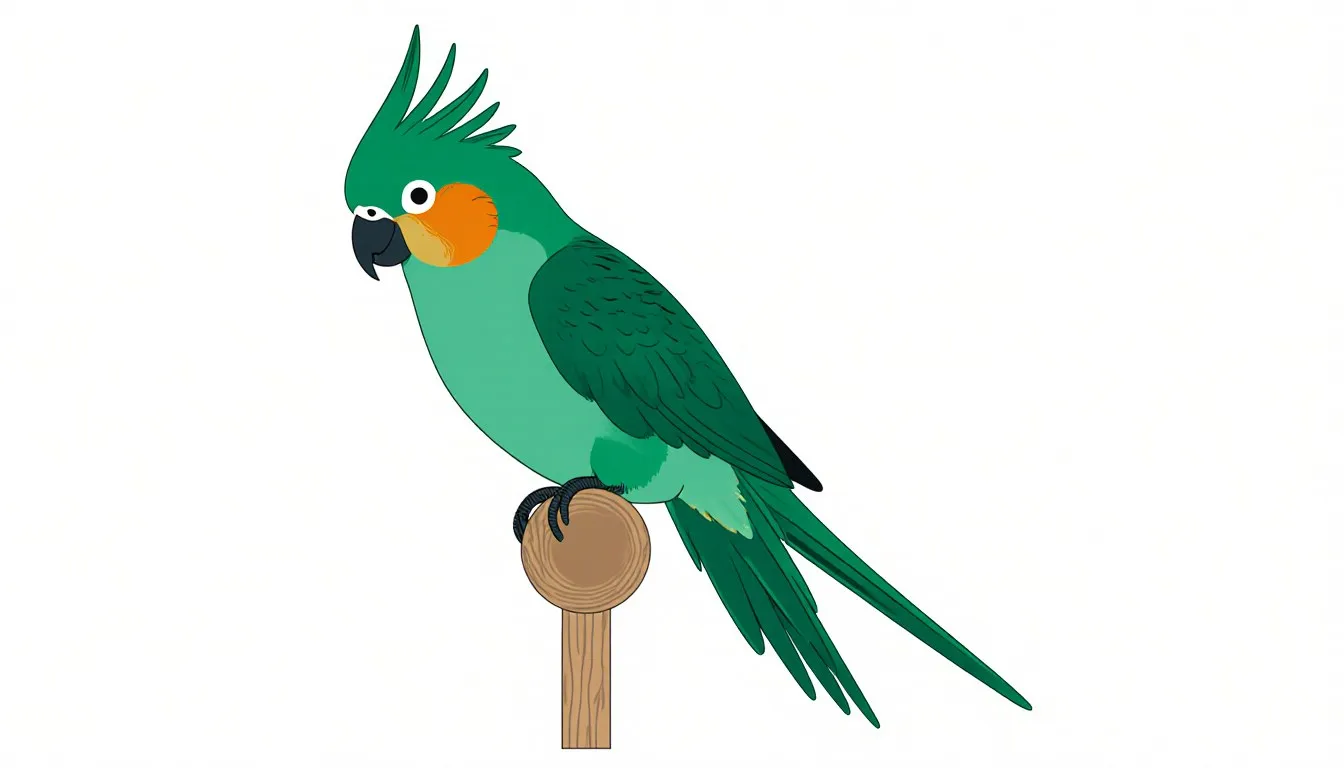 Illustration of a cockatiel with its crest raised, perched on a wooden dowel