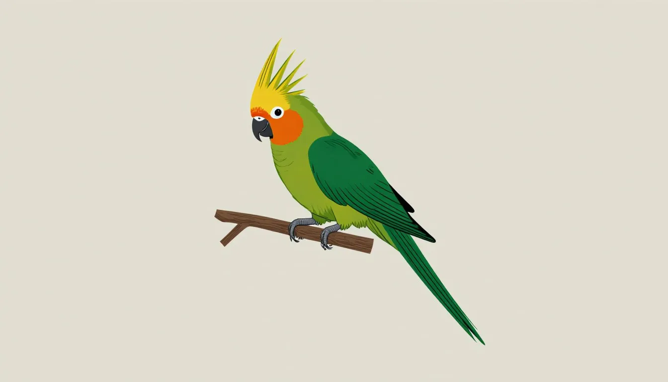 Illustration of a cockatiel with a raised crest and round orange cheek patch perched on a branch