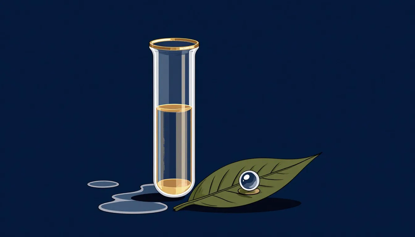 A glass tube showing water rising in a curved meniscus beside a rounded water droplet beaded on a leaf, illustrating