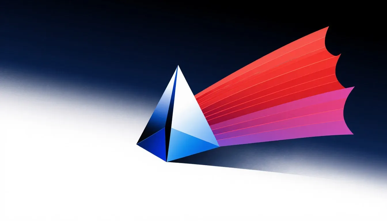 Illustration of a glass prism fanning light into a red and violet spectrum