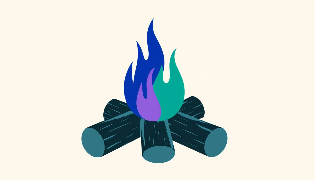 A campfire with logs burning in vivid blue, green, and violet flames instead of ordinary orange fire.