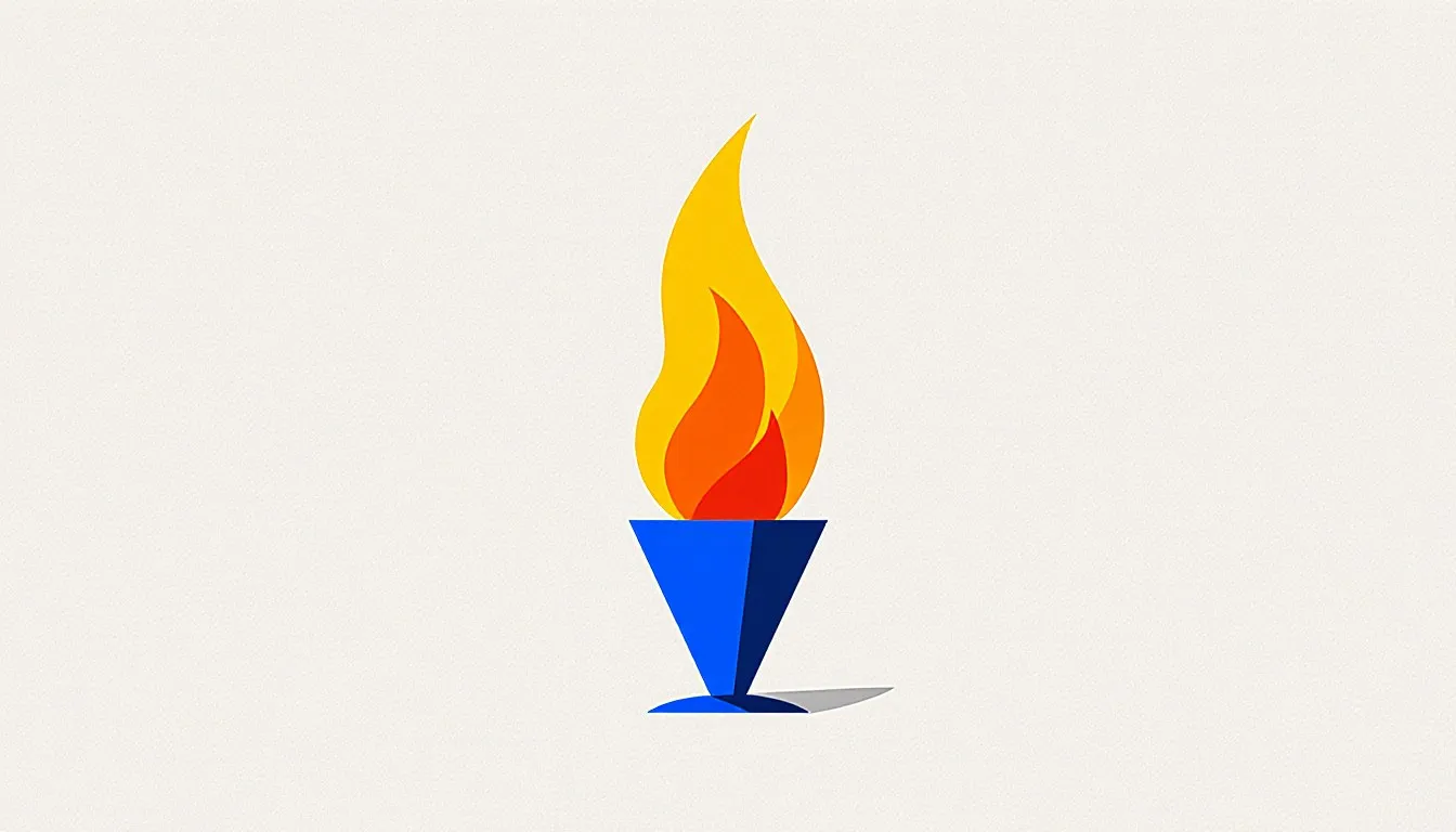 A bold stylized flame with a blue base and orange tongues, representing a combustion reaction