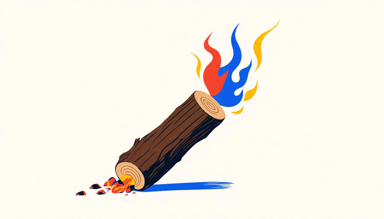 A wooden log with one end engulfed in flame, illustrating a combustion reaction