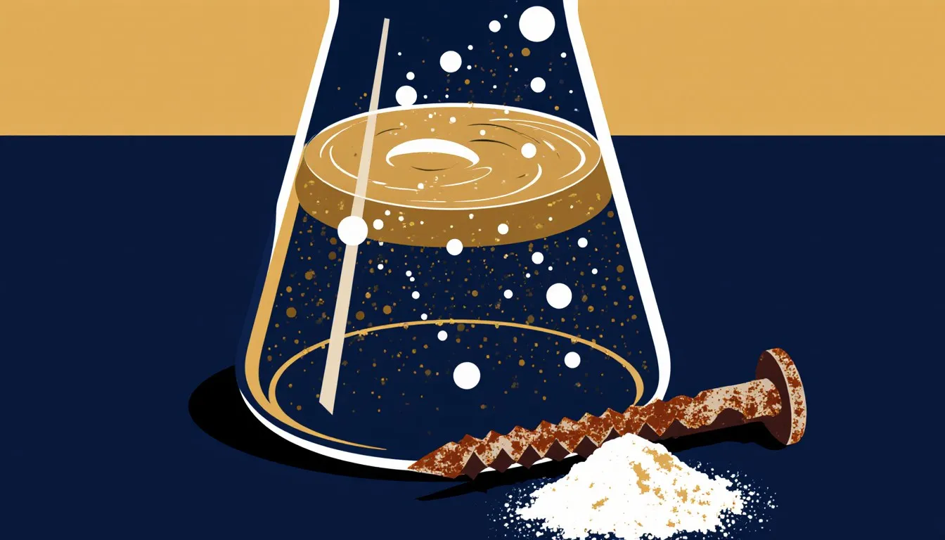 A bubbling laboratory beaker beside a rusted iron nail, illustrating common chemical reactions.