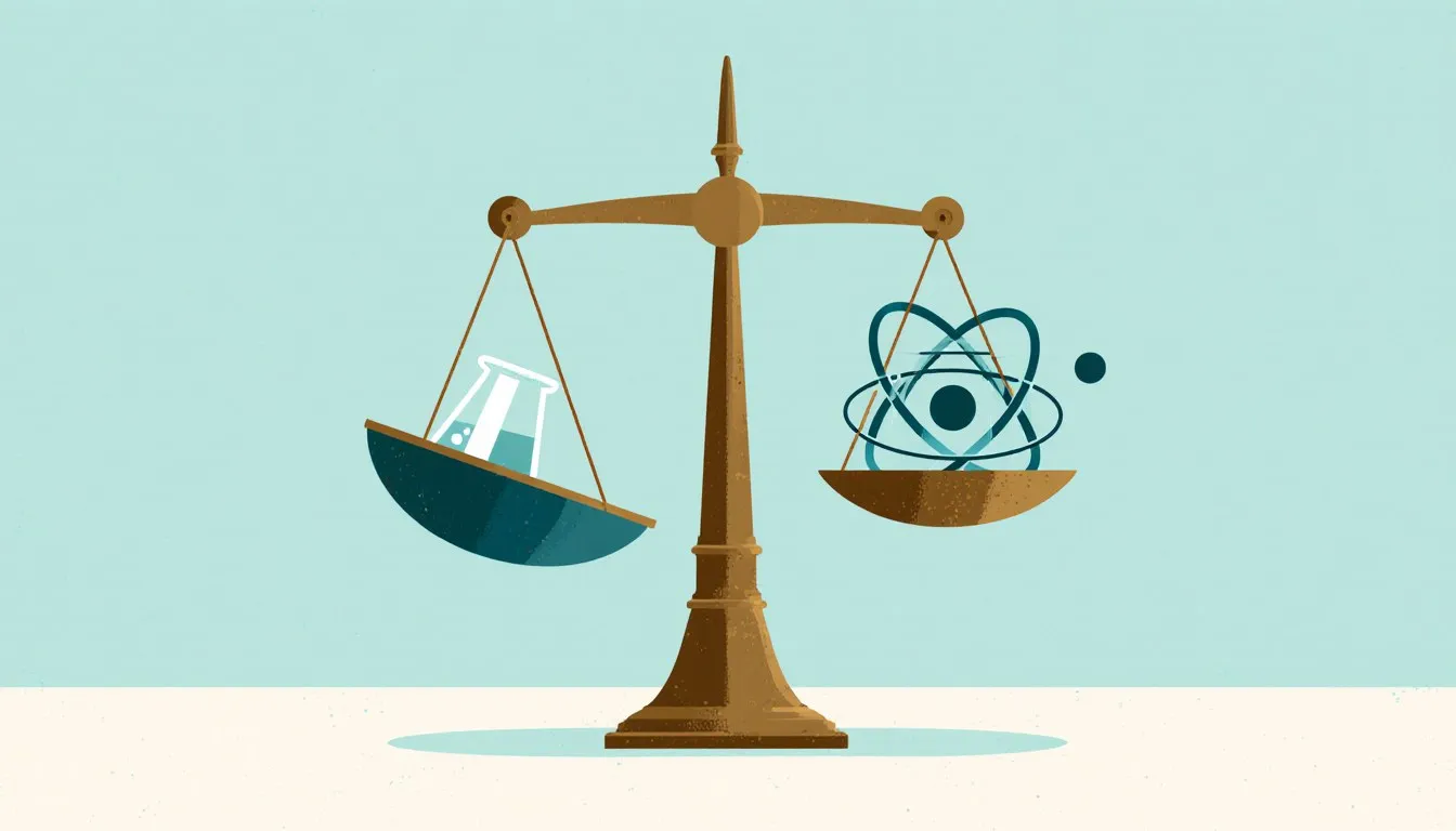 An off-balance brass scale holding a beaker and an atomic model, symbolizing imperfect scientific measurement and prediction.