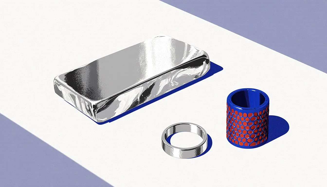 A platinum ingot, ring, and catalytic converter core arranged together, showing the metal's varied uses.