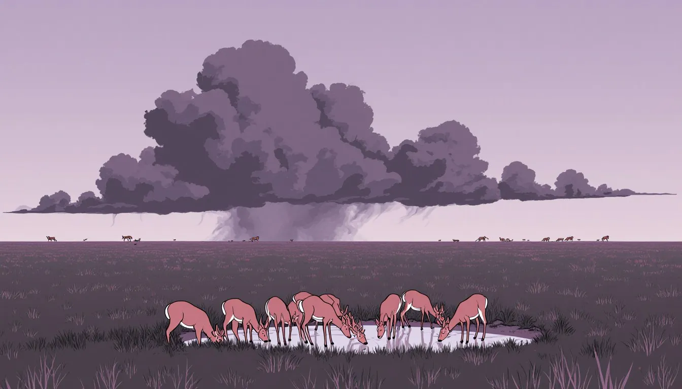 A small herd of deer sharing a watering hole in a grassland as storm clouds gather on the horizon
