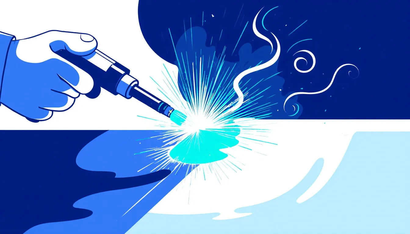 Illustration of a welding torch striking an arc with sparks over a glowing weld pool, representing arc welding methods
