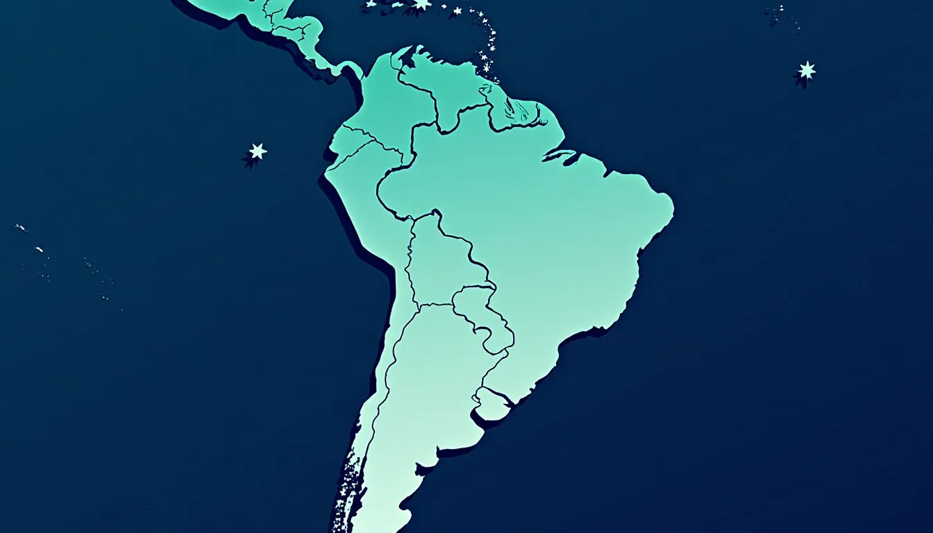 Bold illustrated silhouette of the Latin American landmass from Central America to South America
