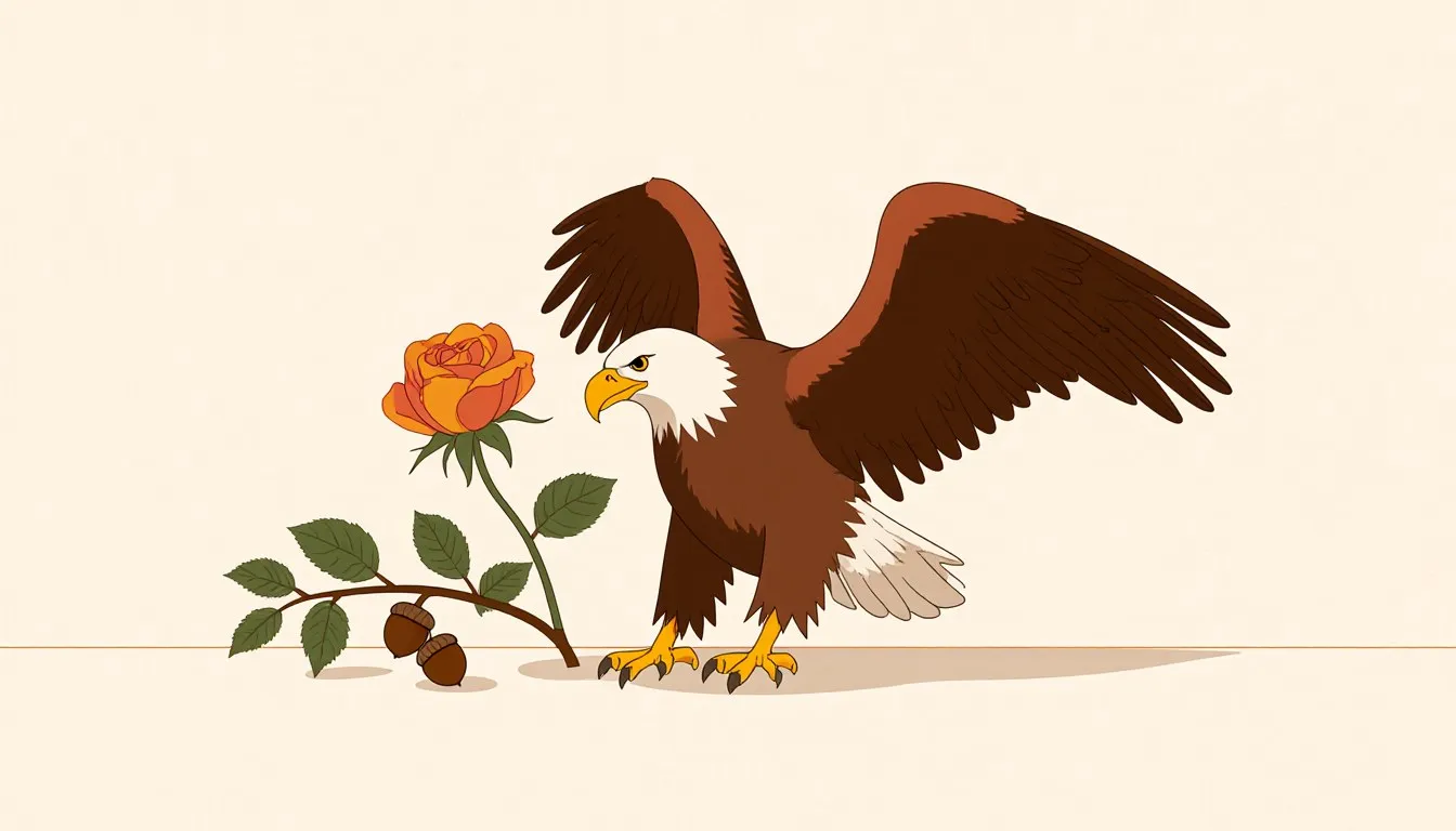 Illustration of a bald eagle, a rose, and an oak branch representing U.S. national symbols