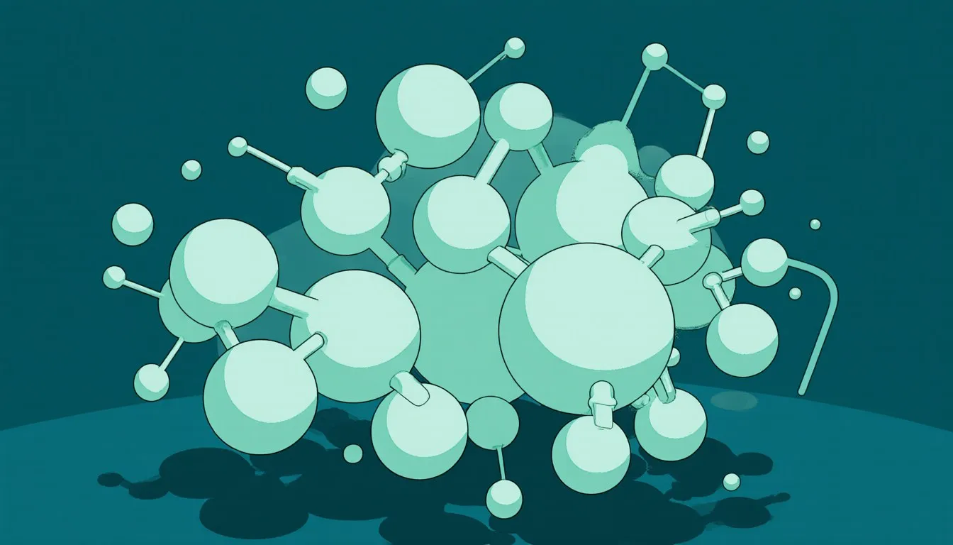 Clusters of paired-sphere and small molecule shapes of varying sizes floating together, representing the gases that make up