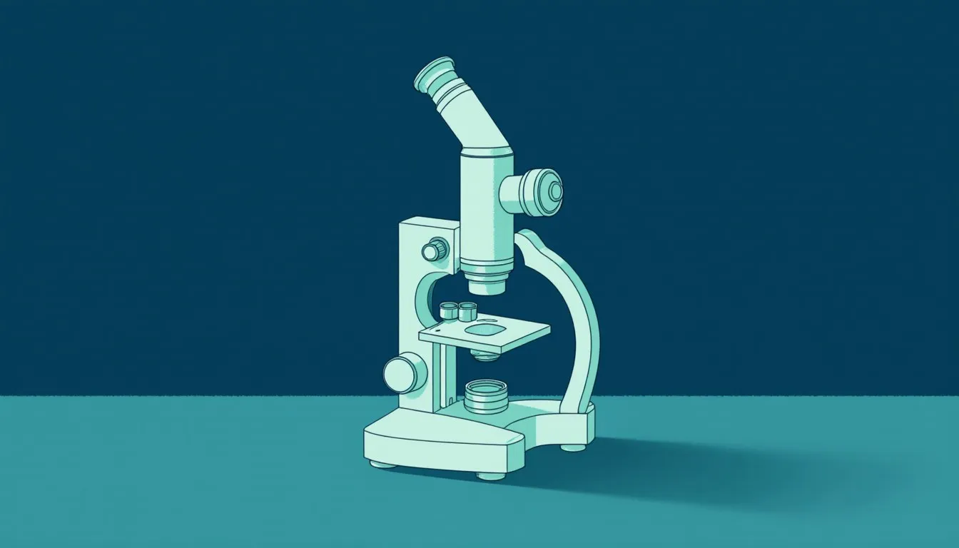 Illustration of a compound microscope showing its eyepiece, lens turret, stage, and base