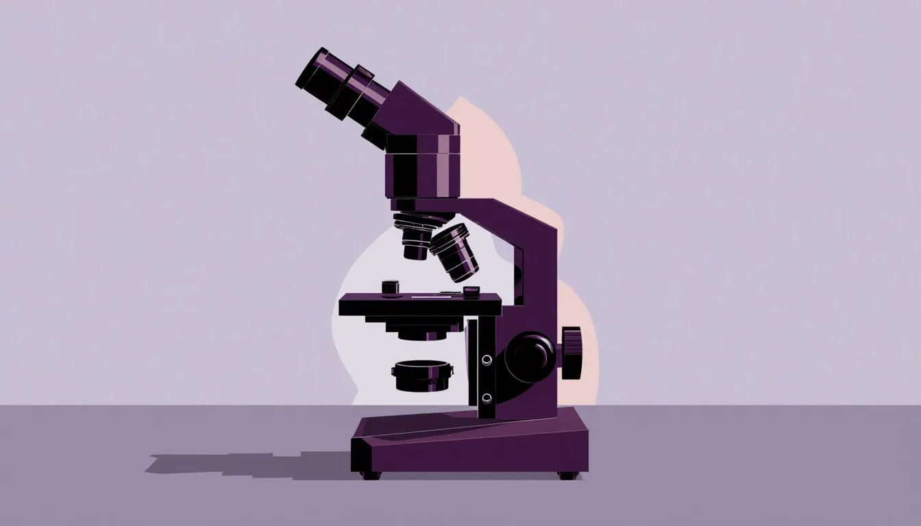 Illustration of a compound microscope showing its eyepiece, lens turret, stage, and base