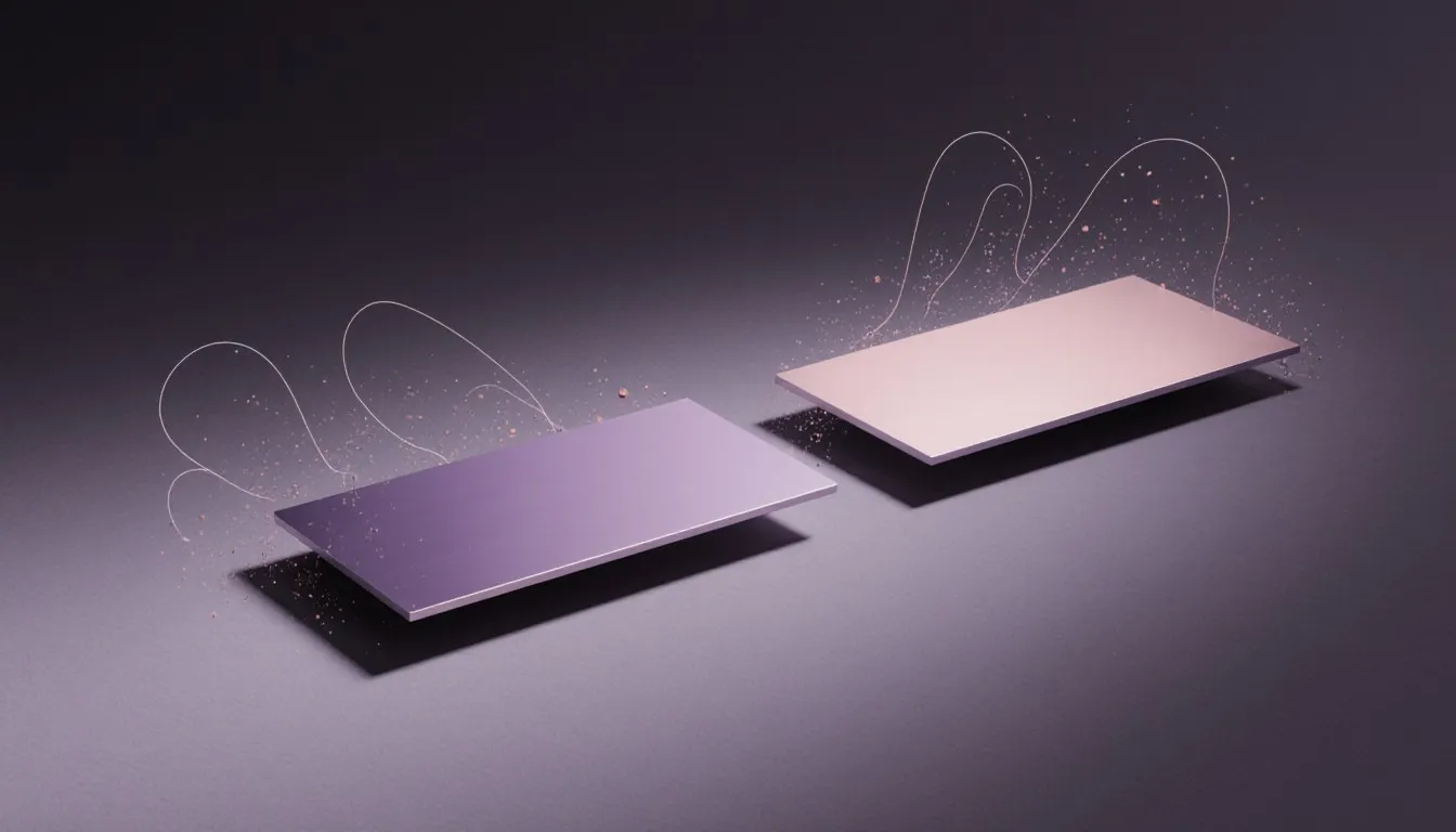Two closely spaced metal plates floating in a dark vacuum, illustrating the Casimir effect and negative energy