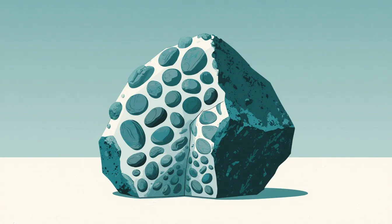 A conglomerate rock specimen with rounded pebbles bound together in a hardened cement matrix